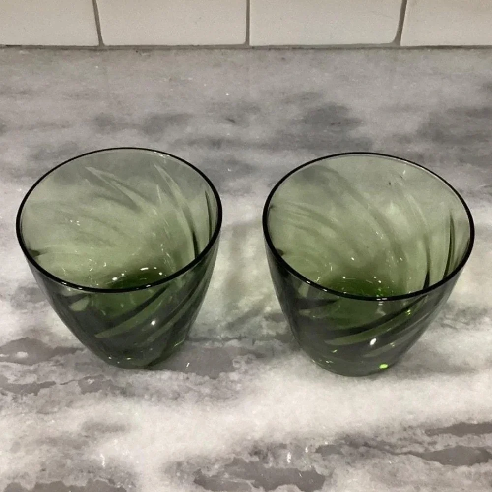 Libbey Avocado Green Swirl Lowball Tumblers, Set of 2, Vintage Glass‎ Drinkware